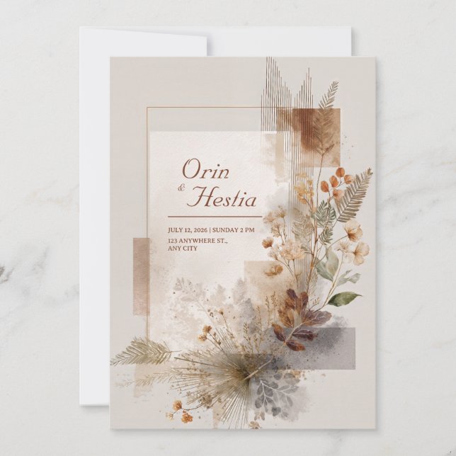 Terracotta Taupe Gold Botanical Abstract Wedding Invitation (Front)