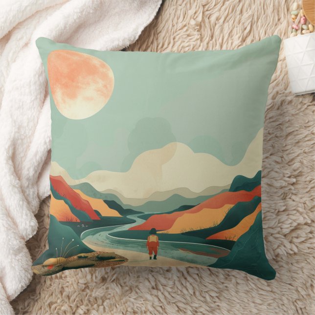 Terracotta Teal Boho River Mountain Journey Cushion (Blanket)