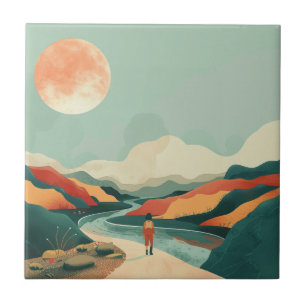 Terracotta Teal Boho River Mountain Journey Tile