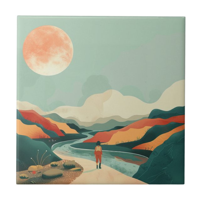 Terracotta Teal Boho River Mountain Journey Tile (Front)