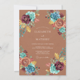 Terracotta Teal Botanical Floral Wedding Invitation