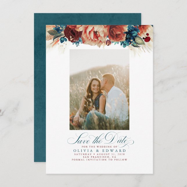 Terracotta Teal Floral Save The Date Photo (Front/Back)