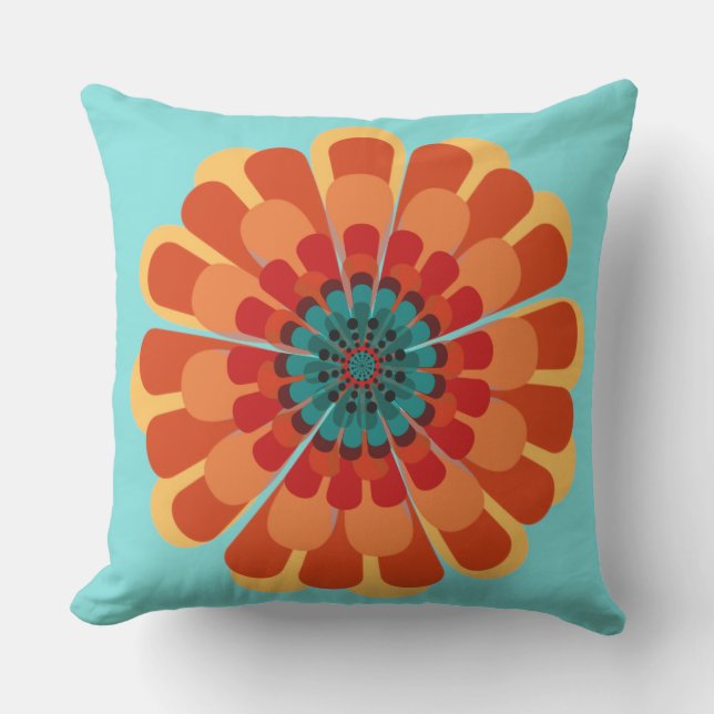 Terracotta & Teal Flower Outdoor Cushion (Front)