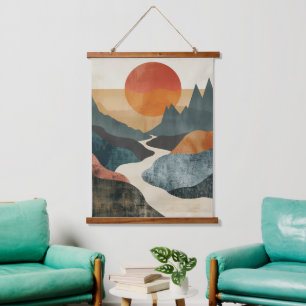 Terracotta Teal Mountain Sunset River Landscape Hanging Tapestry