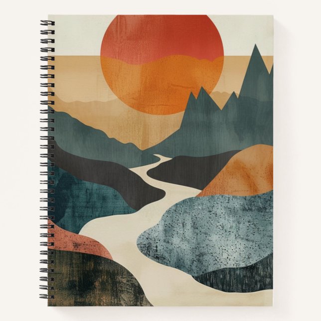 Terracotta Teal Mountain Sunset River Landscape Notebook (Front)