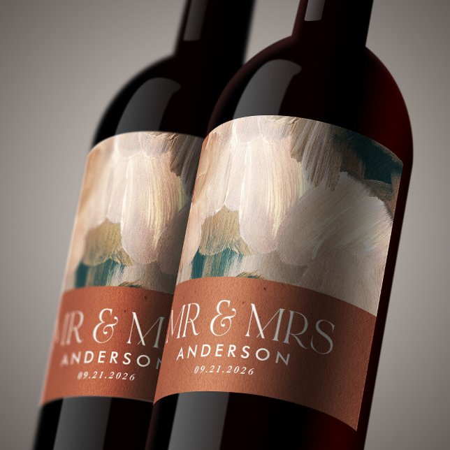 Terracotta teal Mr Mrs thank you wedding painterly Wine Label (Creator Uploaded)