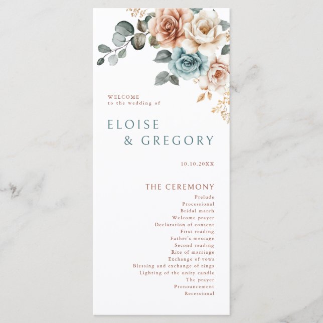 Terracotta Teal Neutral Watercolor floral wedding Programme (Front)