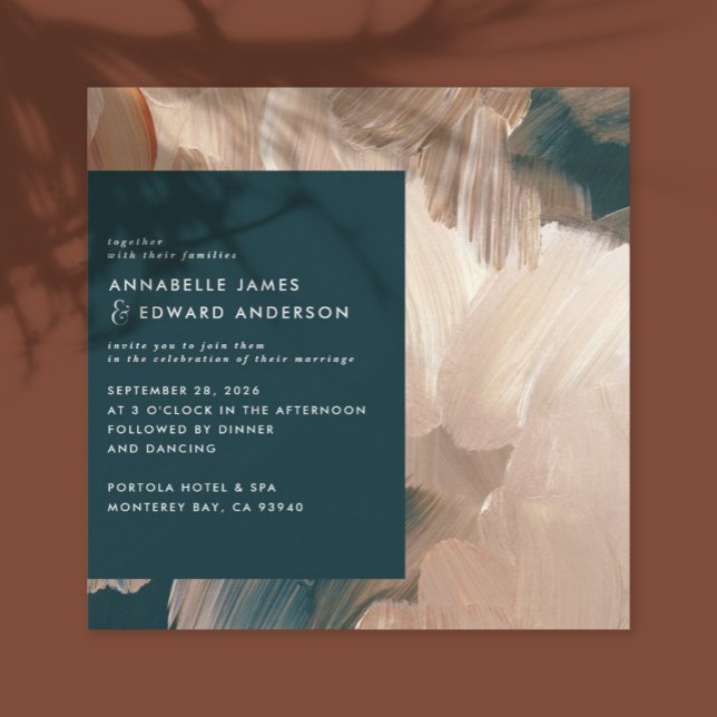 Terracotta teal painterly modern stylish wedding invitation (Creator Uploaded)