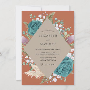 Terracotta Teal Pampas Eucalyptus Wedding Invitation