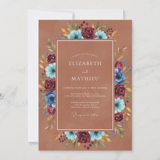 Terracotta Teal Plum Wreath Wedding Invitation (Front)