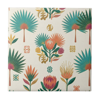 Terracotta Teal Protea & Fan Palm Ceramic Tile