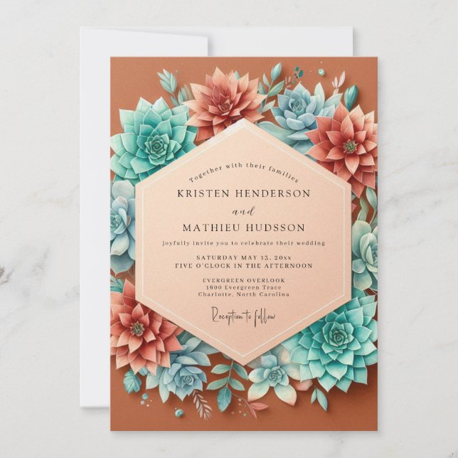 Terracotta Teal Succulent Wedding Invitation (Front)