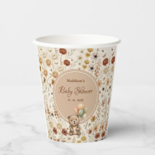 Terracotta Teddy Bear Boho Floral Baby Shower Paper Cups