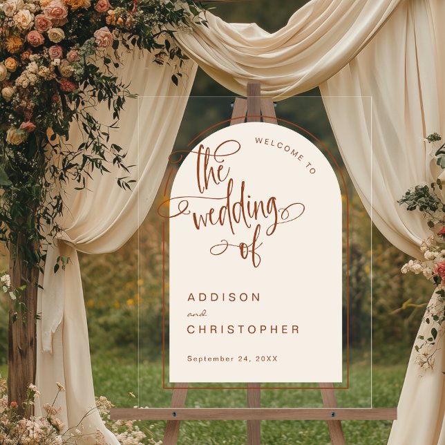Terracotta The Wedding Of  Modern Script Welcome Acrylic Sign (Shown on an 18" x 24" acrylic sign)