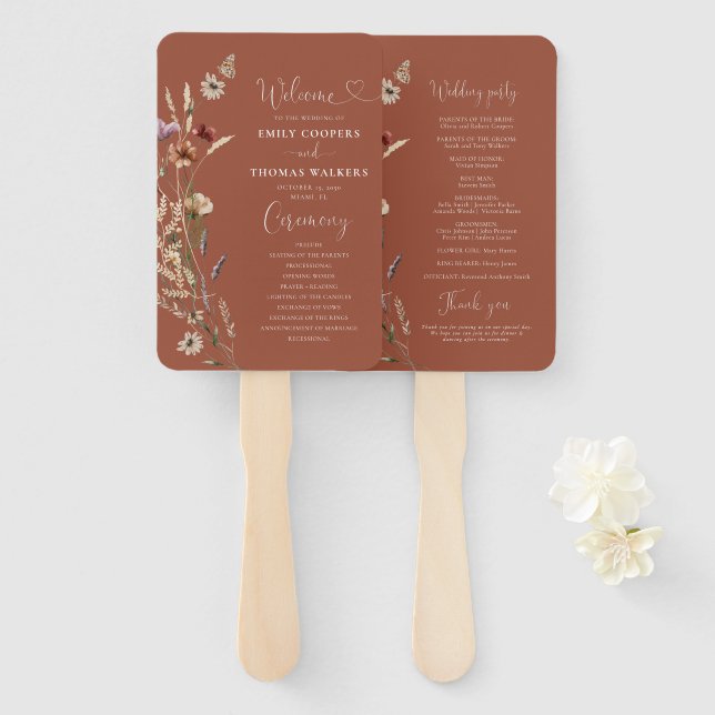 Terracotta Tiny Wildflower Wedding Program  Hand Fan (Front and Back)