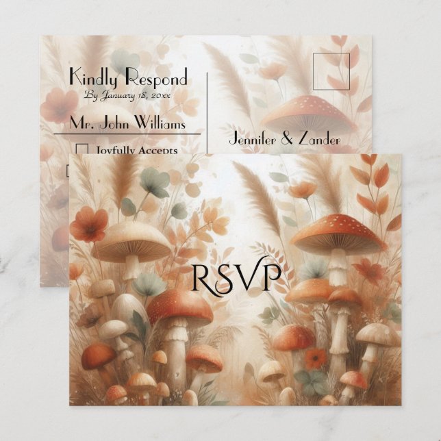 Terracotta Toadstool Woodland Magic Wedding RSVP Invitation Postcard (Front/Back)