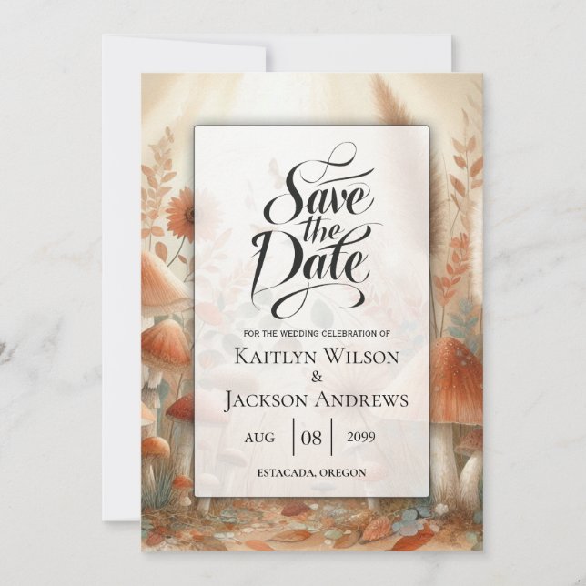 Terracotta Toadstool Woodland Magic Wedding Save The Date (Front)