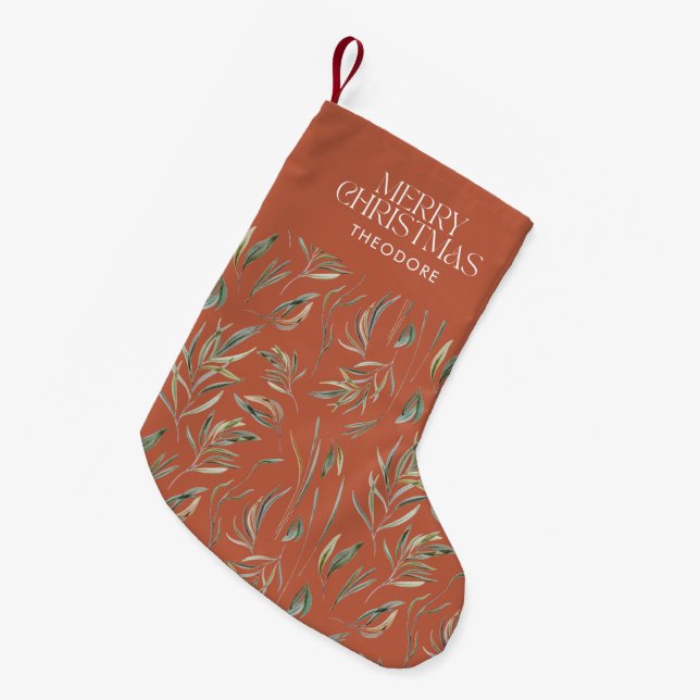 Terracotta traditional modern minimal botanical small christmas stocking (Front (Hanging))