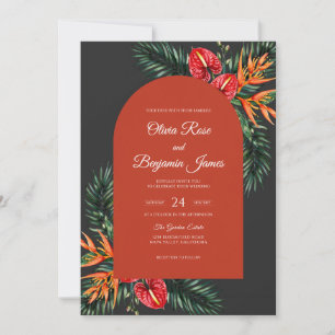 Terracotta Tropical Anthurium Dusty Eucalyptus Wed Invitation