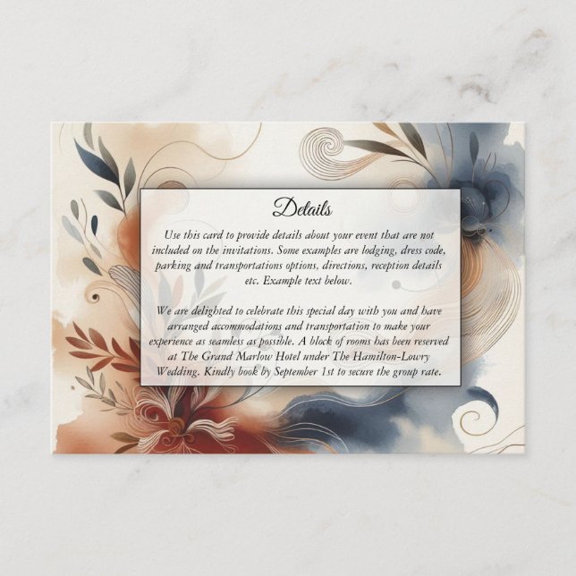 Terracotta Twilight and Navy Blooms Wedding Enclosure Card (Front)