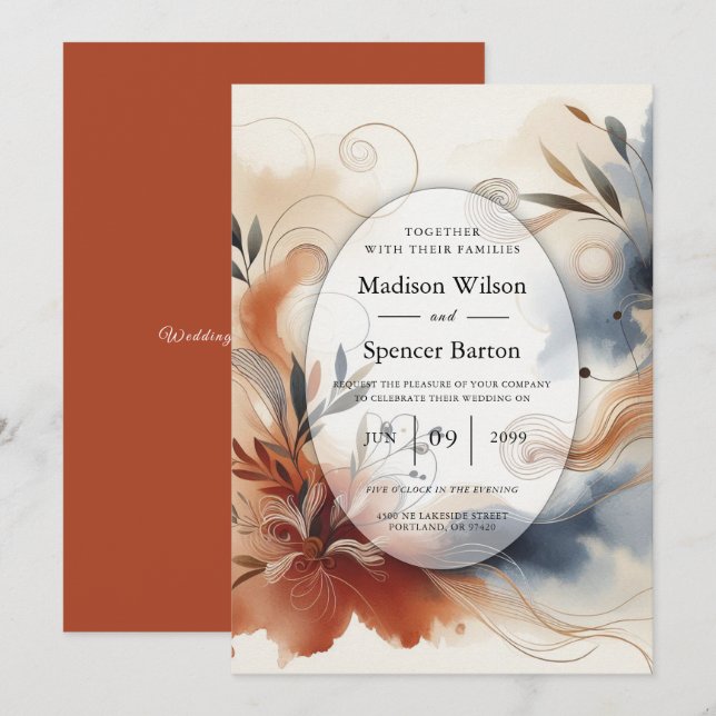 Terracotta Twilight and Navy Blooms Wedding Invitation (Front/Back)