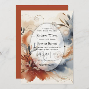 Terracotta Twilight and Navy Blooms Wedding Invitation