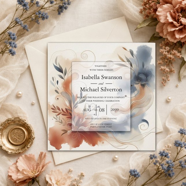 Terracotta Twilight and Navy Blooms Wedding Invitation (Creator Uploaded)