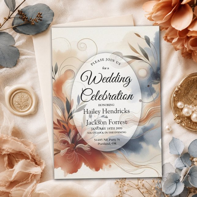 Terracotta Twilight and Navy Blooms Wedding Invitation (Creator Uploaded)