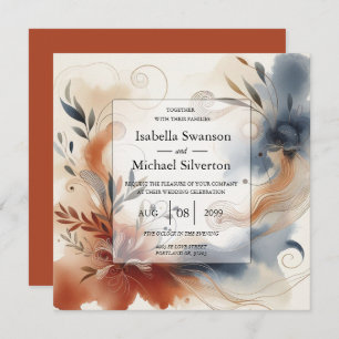 Terracotta Twilight and Navy Blooms Wedding Invitation