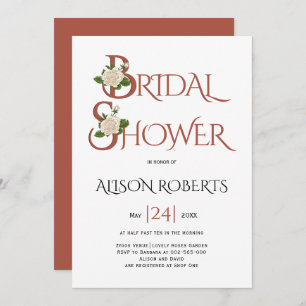 Terracotta typography and rose bridal shower invitation