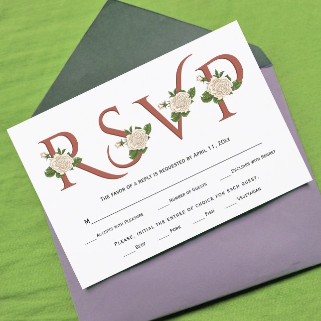 Terracotta typography and white roses fall wedding RSVP card (Creator Uploaded)
