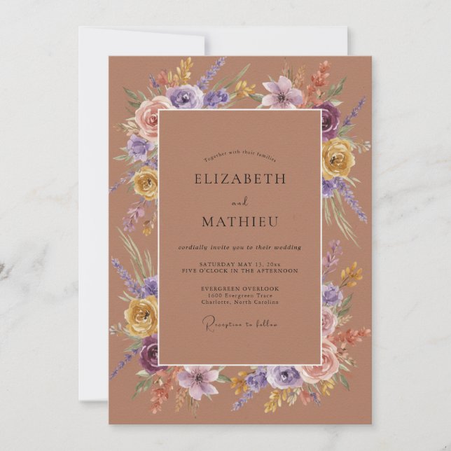Terracotta Violet Wreath Wedding Invitation (Front)