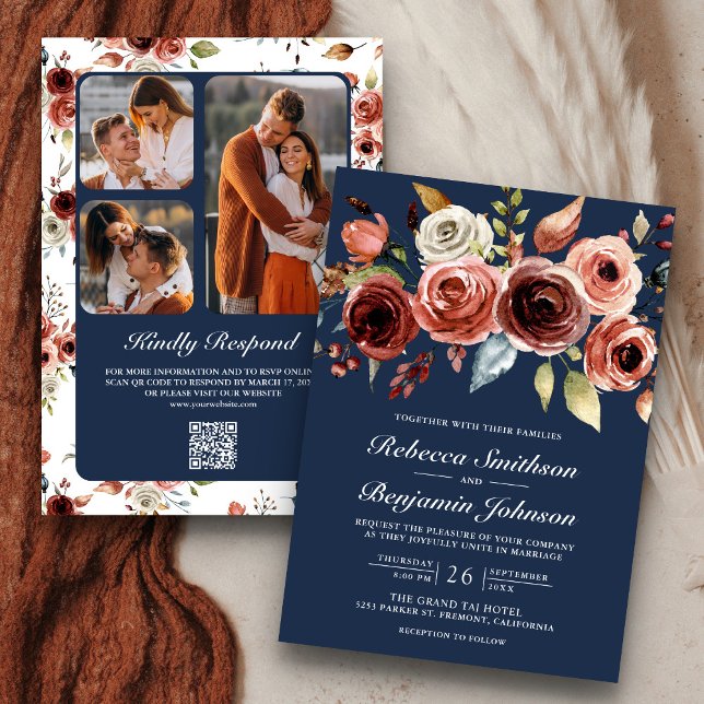 Terracotta Watercolor Floral Navy QR Code Wedding Invitation (Creator Uploaded)