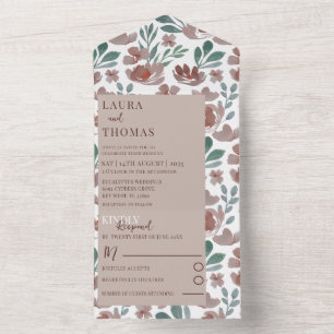 Terracotta Watercolor Floral Pattern Wedding   All In One Invitation
