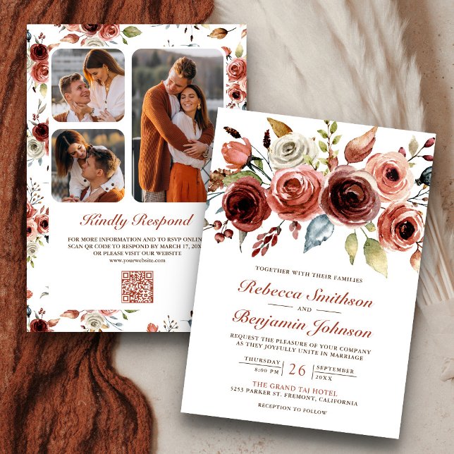 Terracotta Watercolor Floral Photo QR Code Wedding Invitation (Creator Uploaded)