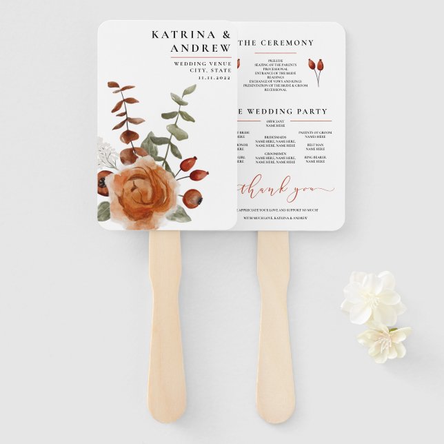 Terracotta Watercolor Floral Wedding Program Fans  (Front and Back)