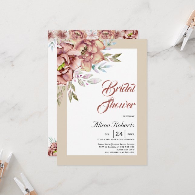 Terracotta watercolor flowers floral bridal shower invitation (Front/Back In Situ)