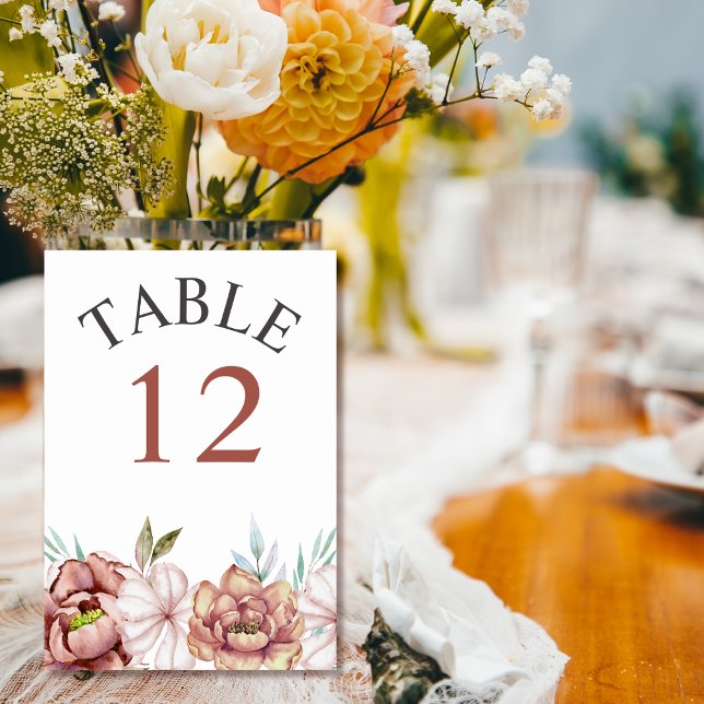 Terracotta watercolor flowers floral fall wedding table number (Creator Uploaded)