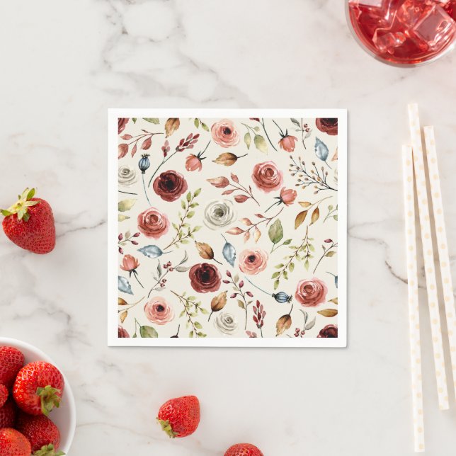Terracotta Watercolor Flowers Pattern  Napkin (Insitu)