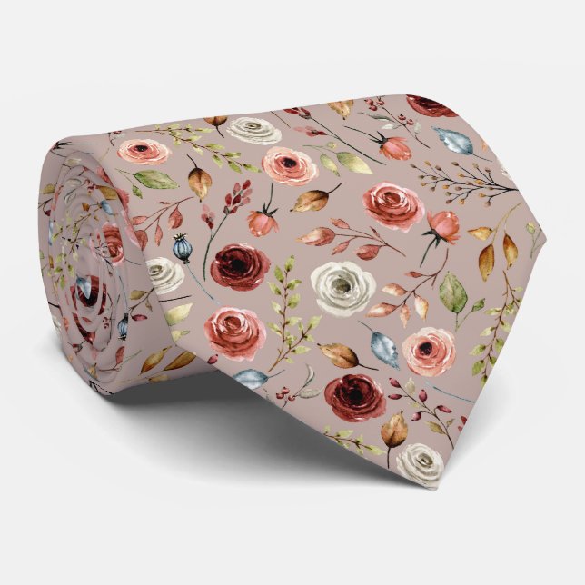 Terracotta Watercolor Flowers Pattern  Tie (Rolled)
