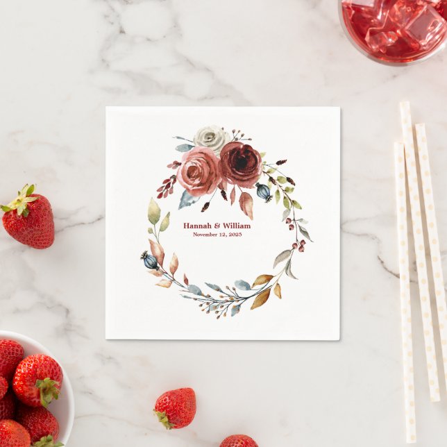 Terracotta Watercolor Flowers Wedding  Napkin (Insitu)