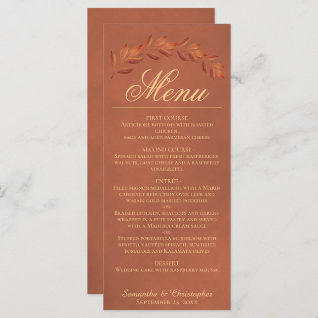 Terracotta Watercolor Leaves Elegant Wedding Menu (Front/Back)