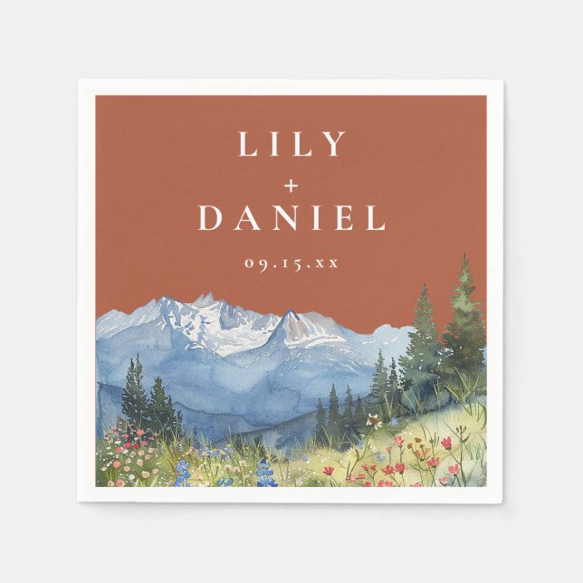 Terracotta Watercolor Mountain Wildflower Wedding Napkin (Front)