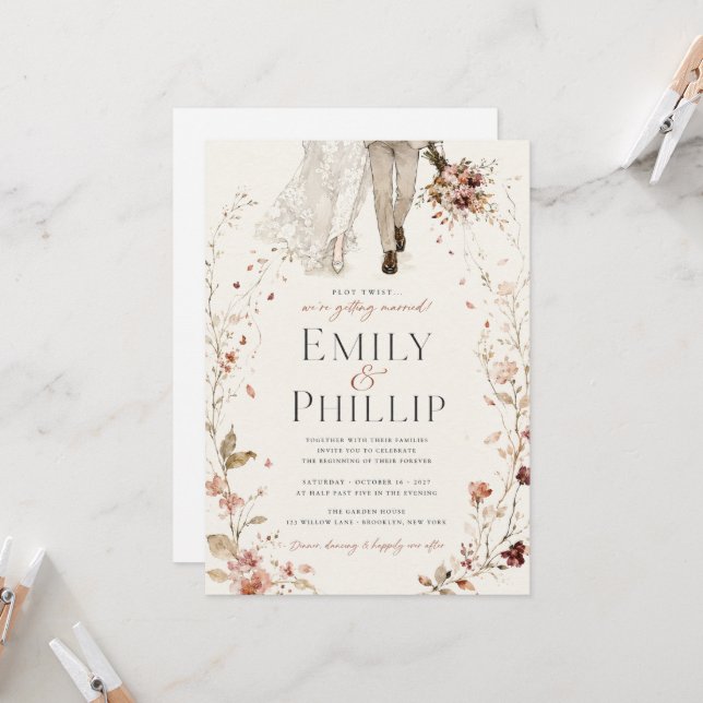 Terracotta Watercolor Plot Twist Wedding Invite (Front/Back In Situ)
