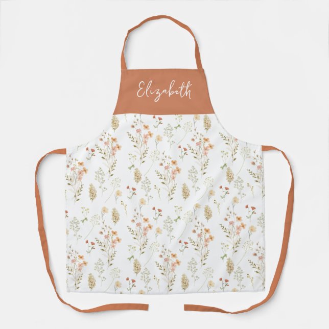 Terracotta Watercolor Wildflower Custom Name  Apron (Front)