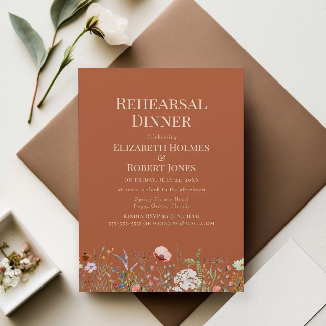 Terracotta Watercolor Wildflower Rehearsal Dinner Invitation (Terracotta Watercolor Wildflower Rehearsal Dinner Invitation on wedding table with decoration.)