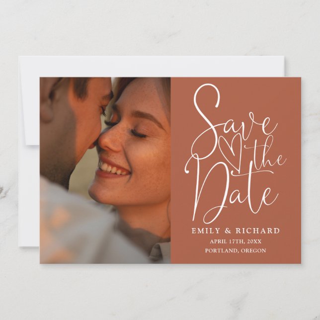 Terracotta Wedding 2 Photo QR Code Elegant Script Save The Date (Front)