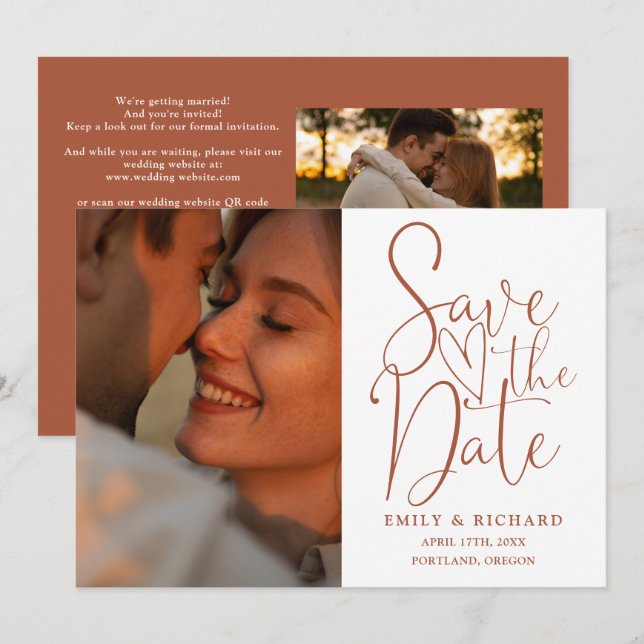 Terracotta Wedding 2 Photo QR Code Elegant Script Save The Date (Front/Back)