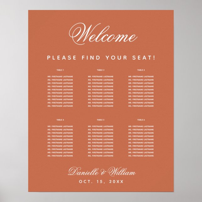 Terracotta Wedding 6 Table Simple Seating Chart  (Front)