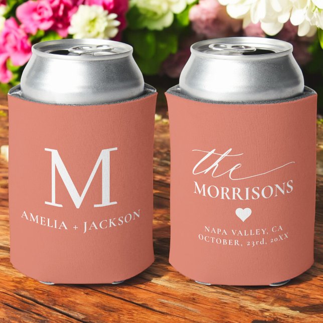 Terracotta Wedding Favour Monogram Name Heart Can Cooler (Creator Uploaded)